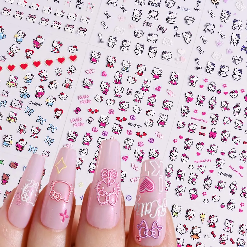 1 pièces 5D dessin animé bronzage Hello Kitty autocollant pour ongles Kawaii Hawaii mignon noir Hello Kitty autocollant pour ongles Kitty manucure curseur Art décor