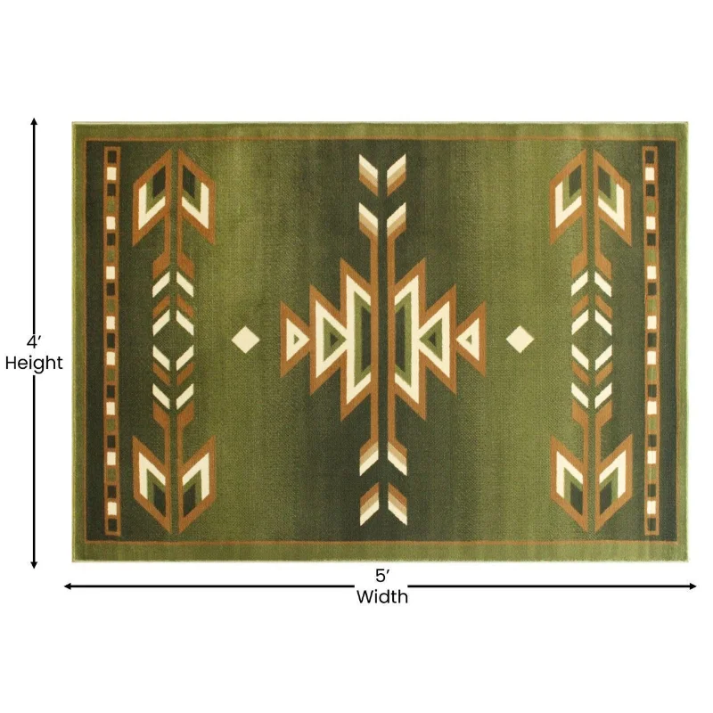 Rugs for Bedroom Lodi Collection Southwestern 4' X 5' Green Area Rug Olefin Rug with Jute Backi Carpets for Living Room