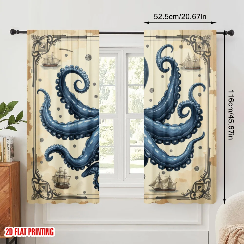 2pcs,2D plane printing Print Curtains Nautical Kraken Versatile Fabric (without rod) All Seasons Use for Living Room, Office,