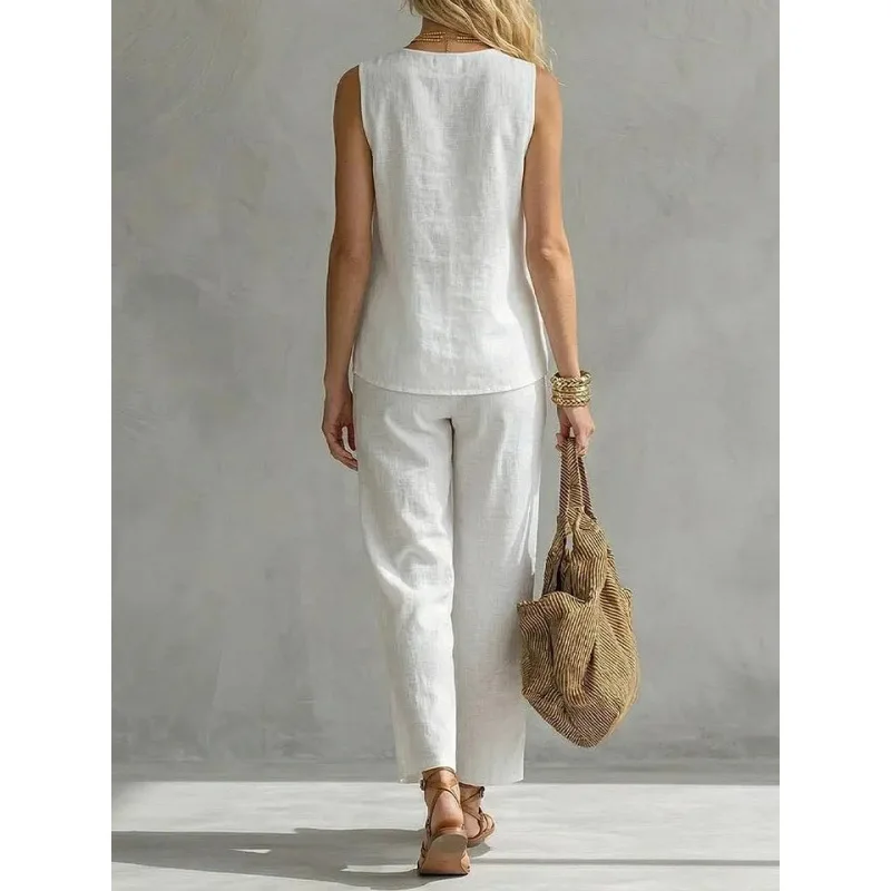 Summer 2026 Casual Cotton Linen Sleeveless V-Neck Top And Pants Set Women's Leisure Fashion Korean Style Online And Offline Sale