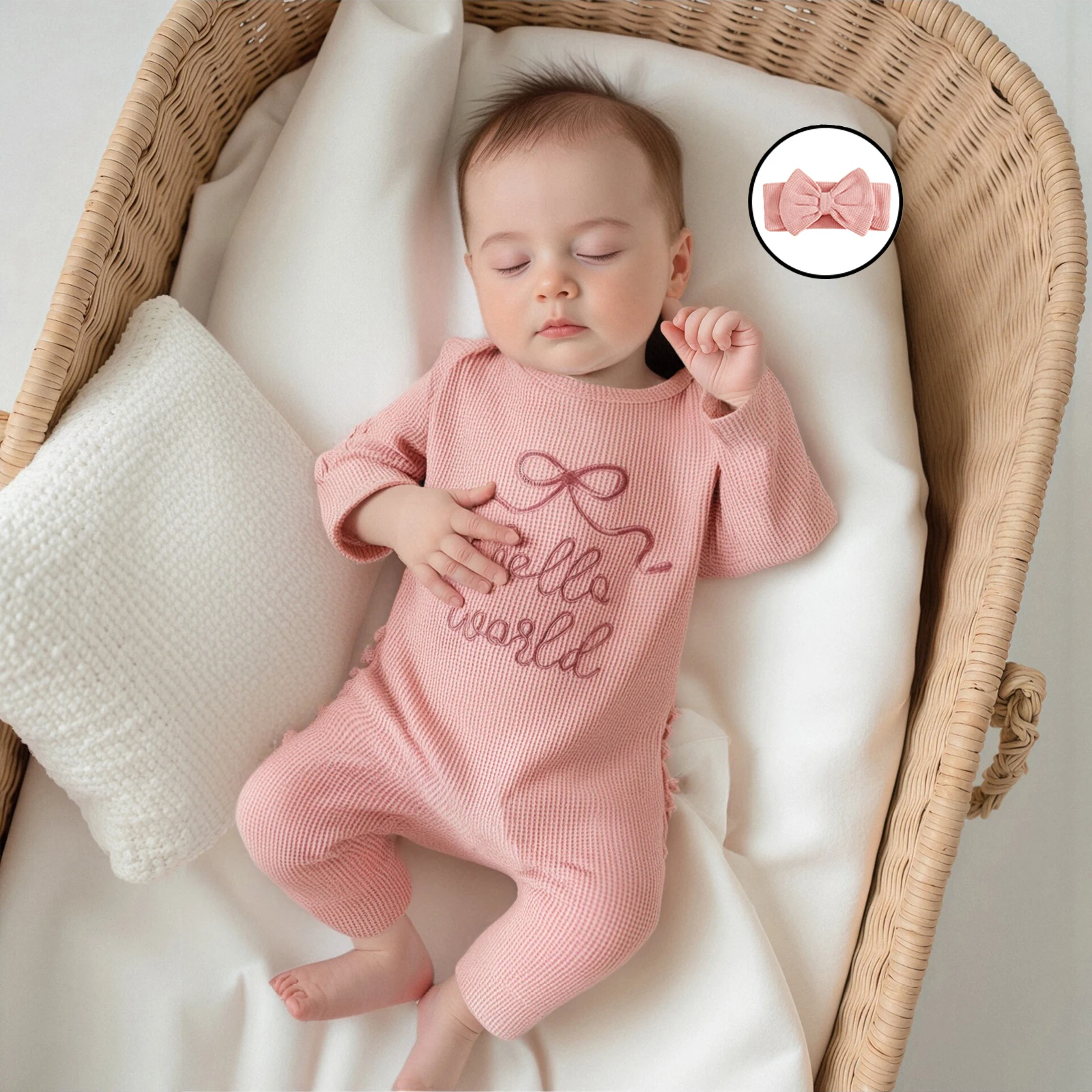 

Baby Girl 2Pcs Fall Spring Rompers Outfits Long Sleeve Round Neck Bow Letter Embroidery Jumpsuit with Headband Set