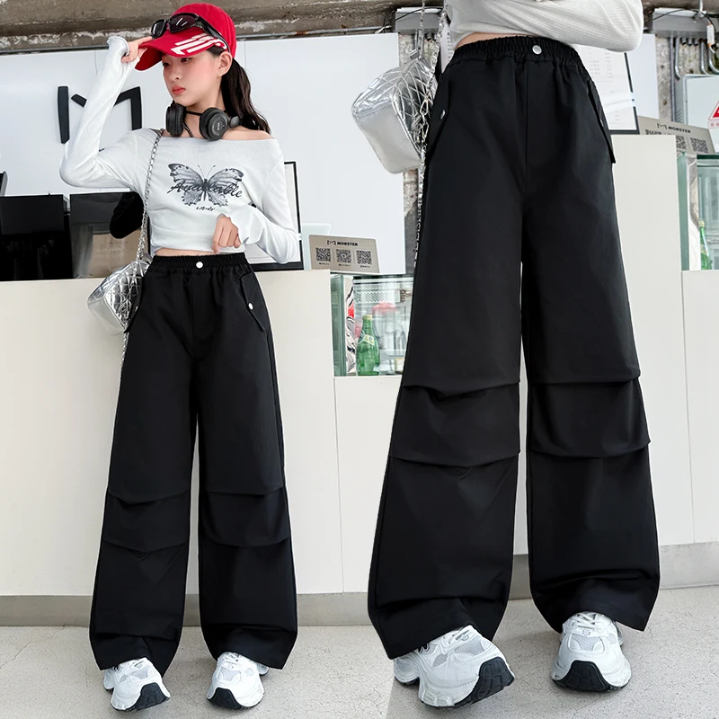 

Осенние модные брюки-карго для девочек, повседневные брюки с карманами, новый стиль с широкими штанинами 2025 года, подходит для детей 7–14 лет