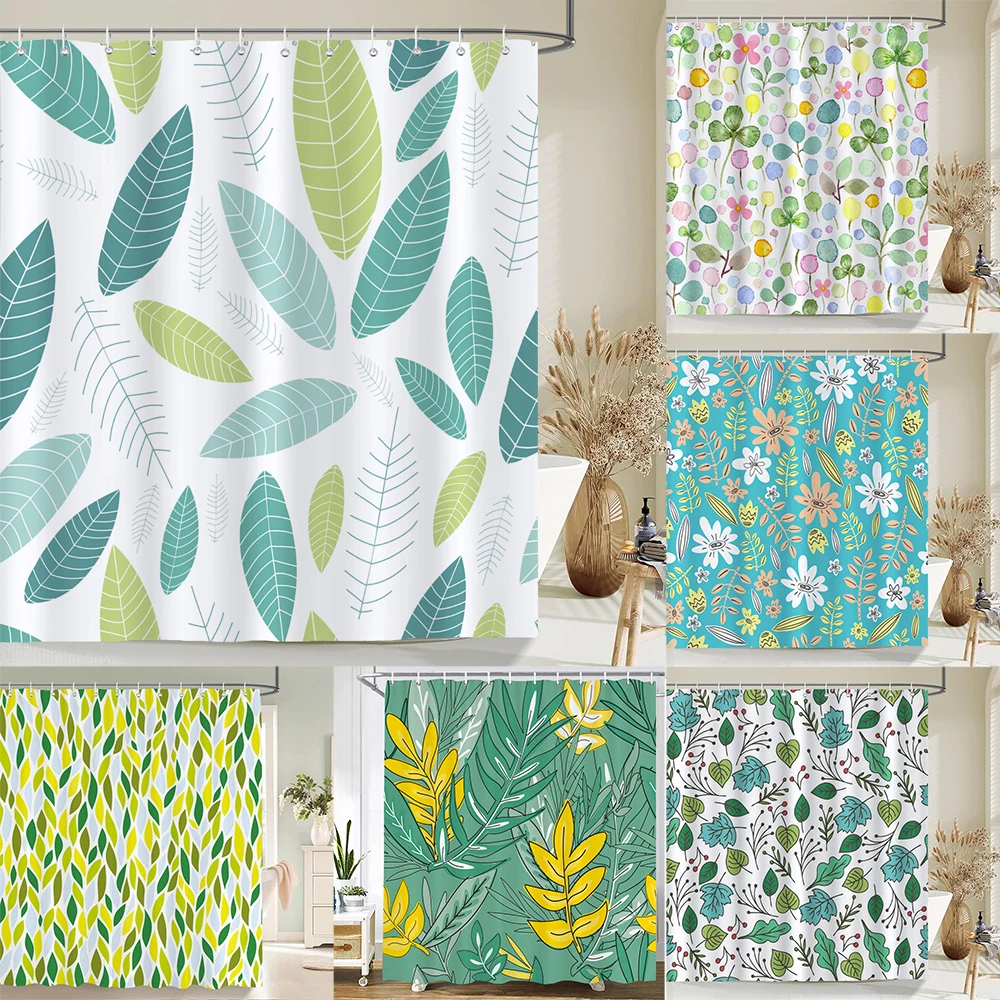 

Simple Leaf Shower Curtain Waterproof Plant Floral Shower Curtain Leaves Printed Polyester Bathroom Curtains with Hooks