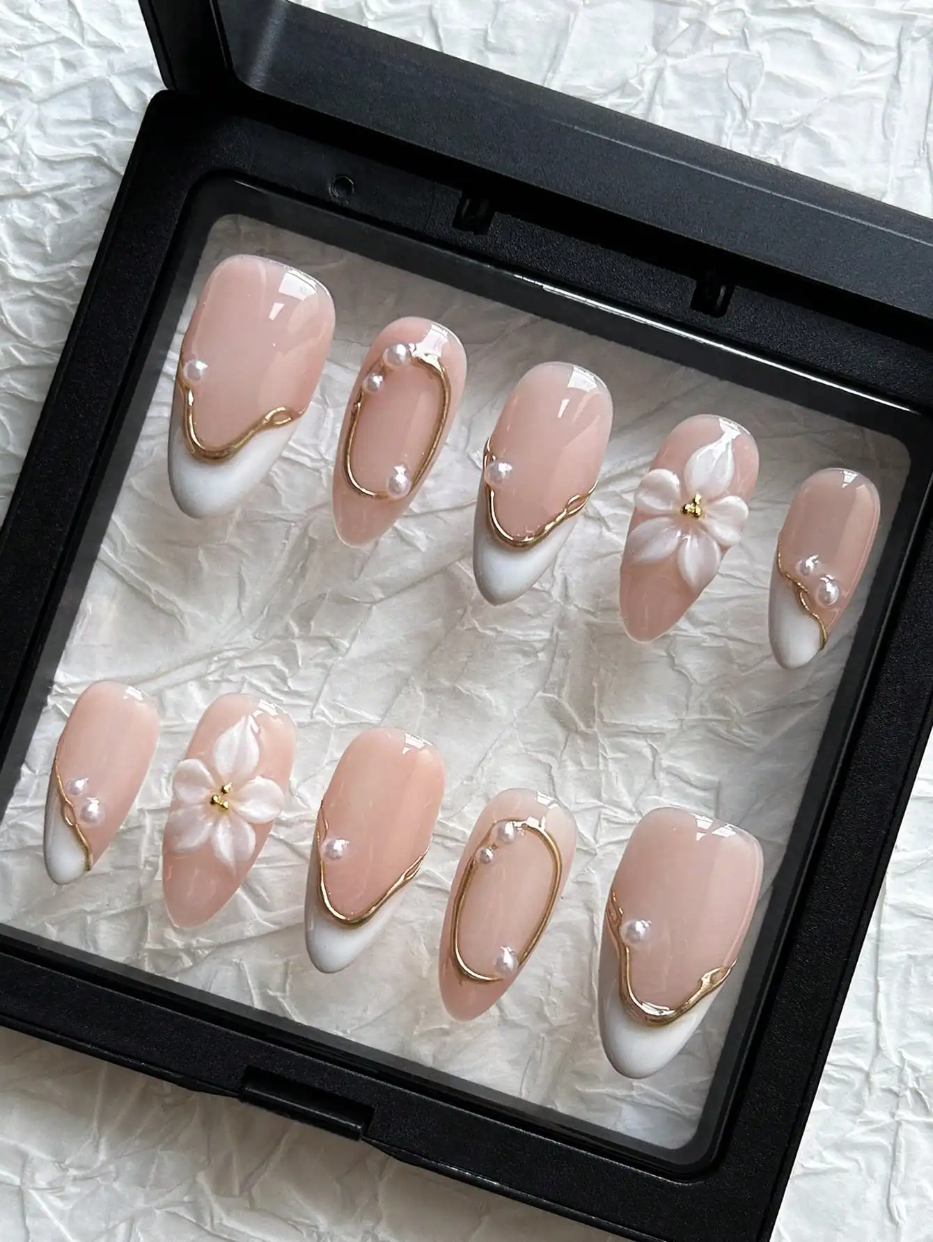 

10pcs Pink Almond Handmade Press-On Nails, White French Tips, 3D Gold Plating & Pearlescent Floral Carving. Simple & Gentle. Includes Jelly Gel & File. For Daily, Vacation & Wedding.