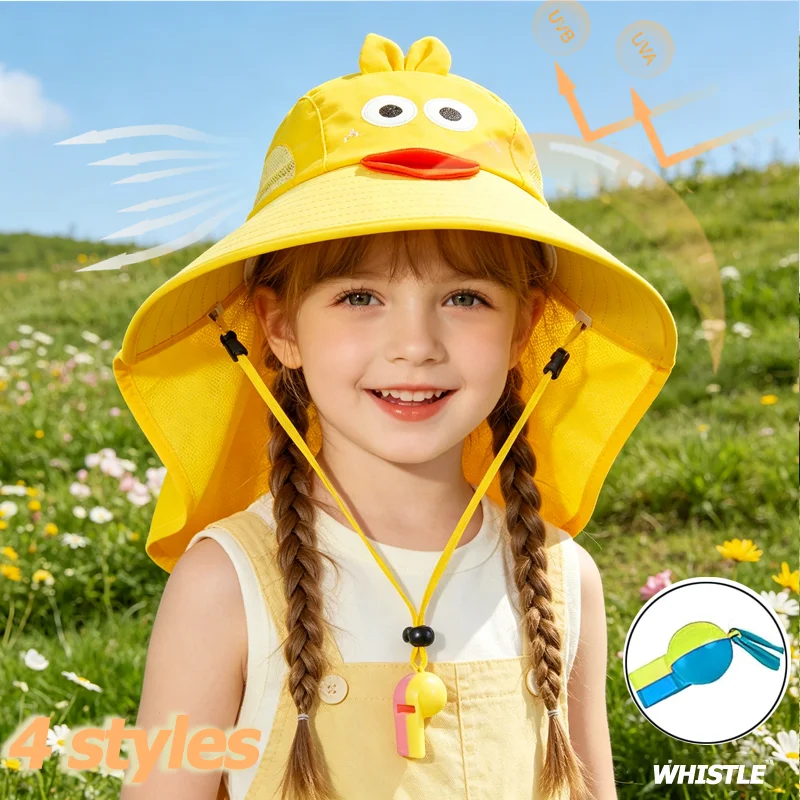 

Boys Girls Summer Bucket Hat Sunscreen UV Resistant Cotton Beach Hat with Whistle and Adjustable Rope for Kids