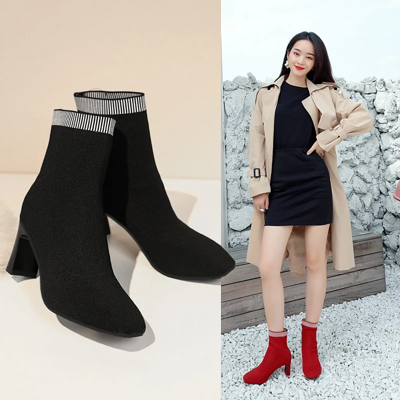 2021 Autumn and Winter New Knitted Socks Boots Women Thick Heel High Heel Small Short Boots Single Tube Elastic Boots Women