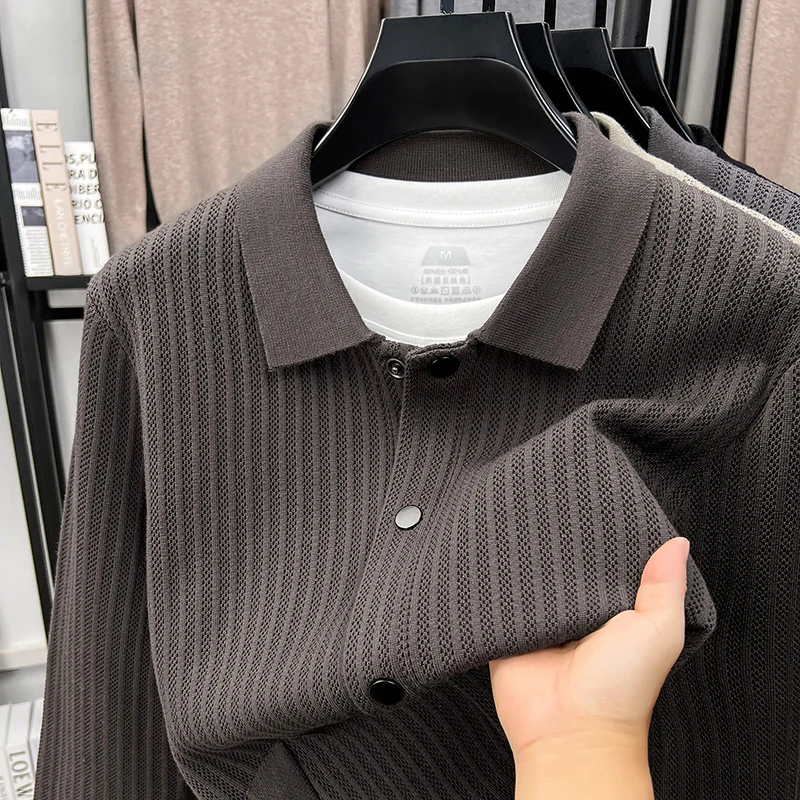 Fashion solid color striped jacquard men's cardigan high-quality luxury knitted comfort pocket new casual leisure sweater coat