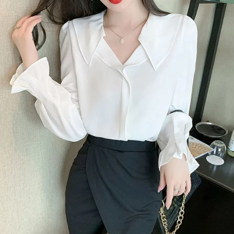 Elegante chiffon sólido solto blusa primavera outono nova manga longa com decote em v simplicidade camisa topos temperamento moda roupas femininas