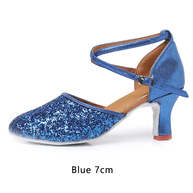 Adult Ladies Women Latin/Salsa/Tango Dance Shoes Closed Toe Glitter Blue/Black Ballroom Dance Shoes High Heels 5/7cm Party Shoes