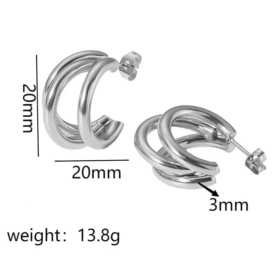 Klobige Dreifach-Creolen, 18K vergoldet, Edelstahl, feiner Schmuck, minimalistische, auffällige dreilagige Ohrringe für Damen – Detail 9