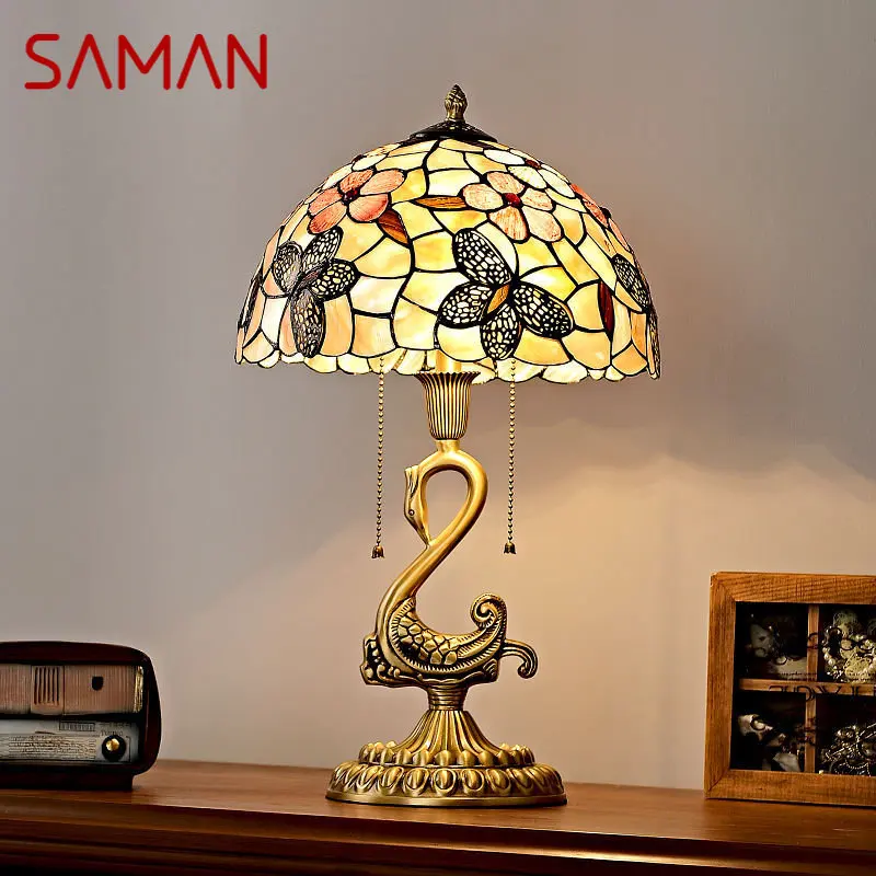 

SAMAN Modern Brass Swan Table Lamp LED European Luxury Shell Decor Retro Copper Desk Light for Home Living Room Bedroom