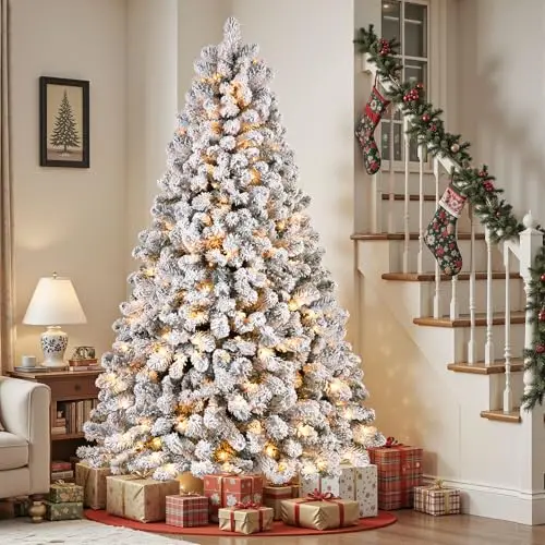 7ft Snow Flocked Spruce Pre-lit Artificial Christmas Tree, White