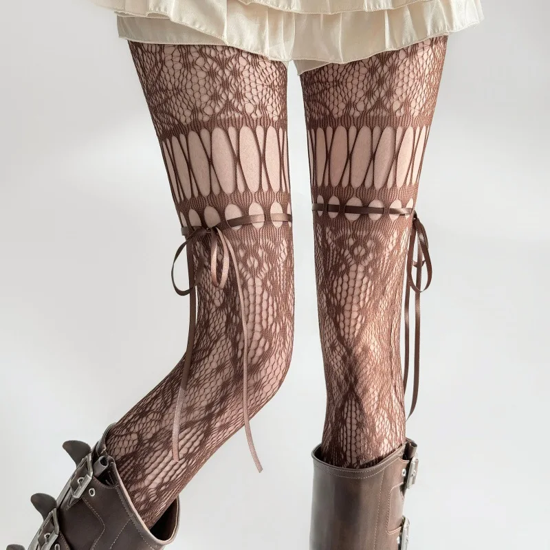 Women'S Solid Color Hollow Lace Tights With Bow Ribbon Details Openwork Mesh Leggings Spring And Summer Sheer Fashion Stockings