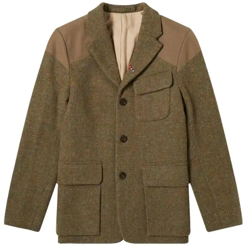 Classic Tweed Blazer Notched Lapel Leather Splice Multi Pocket Wool Blend Jacket For Outdoor Travel Daily Banquet Customized