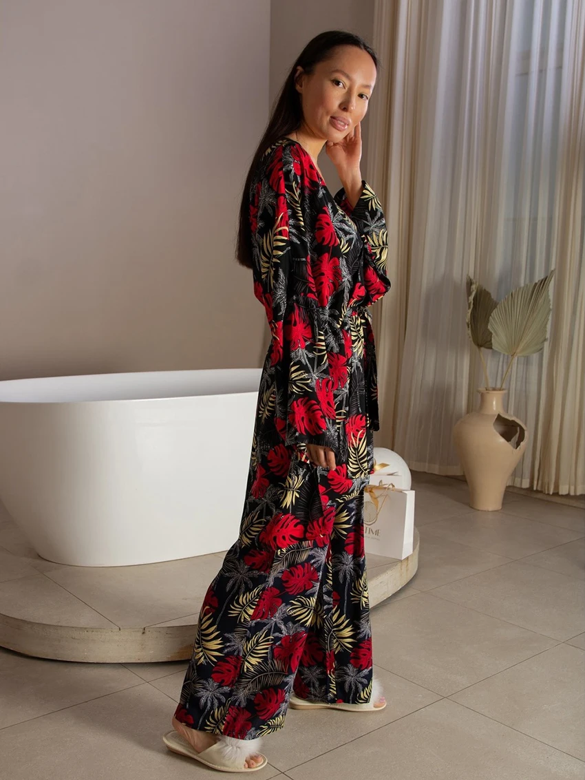 Marthaqiqi Printing Female Nightwear Suit Long Sleeve Pajamas Sexy V-Neck Robe  Lace Up Nightgowns Pants Loose Women Pyjamas Set