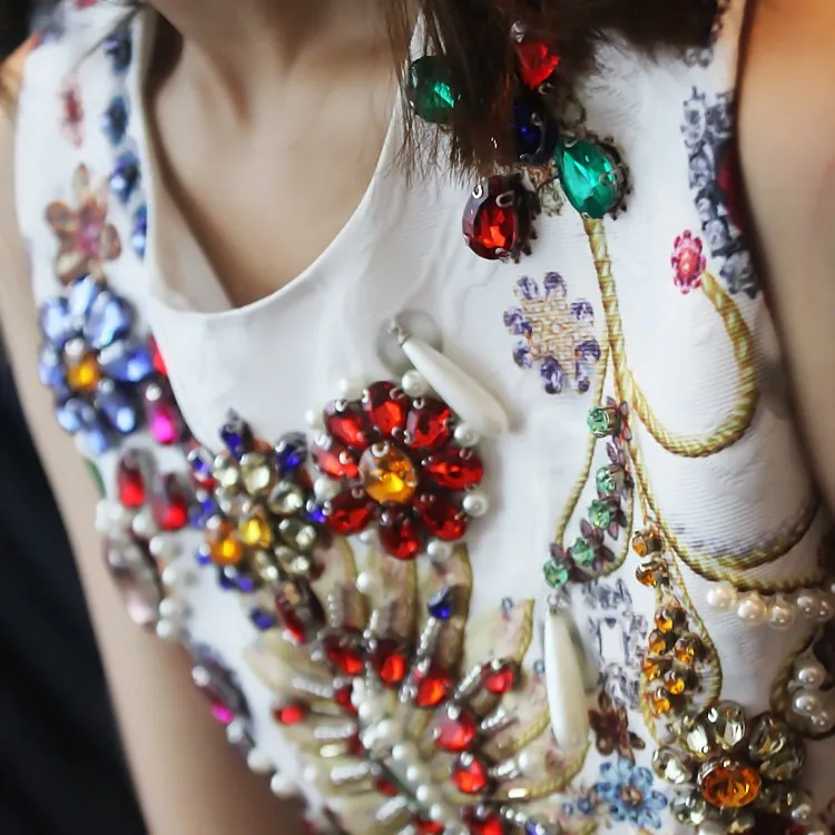 Damska ręcznie wyszywana koralikami diamentowa sukienka bez rękawów O Neck kwiatowy Print Dobby bez rękawów Lady Retro suknia wieczorowa w stylu barokowym