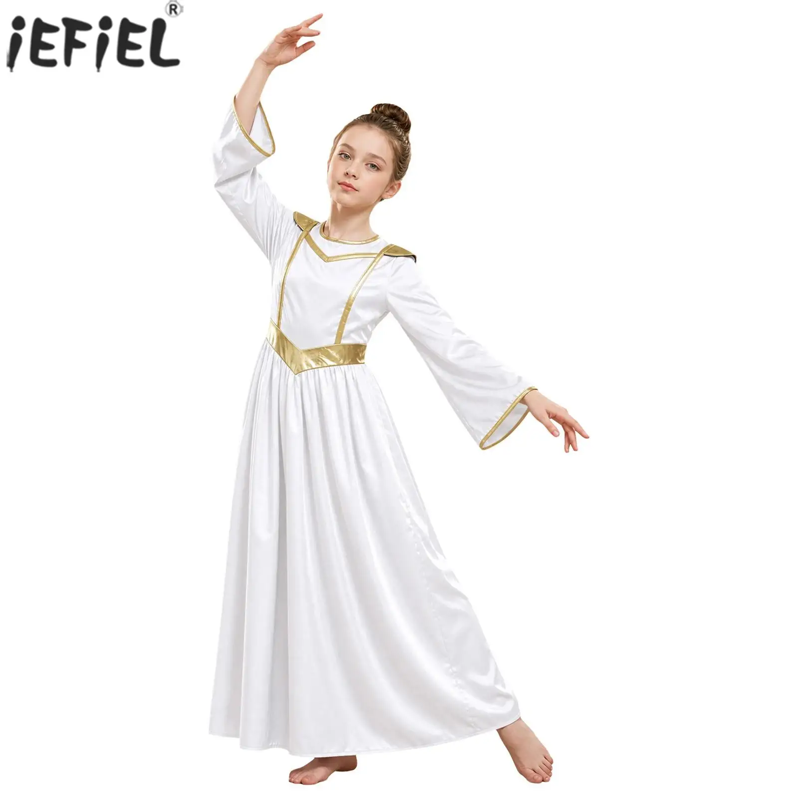 Kids Girls Praise Lyrical Dance Dress Liturgical Worship Church Choir Robe Modern Dancewear Metallic Trim Long Sleeve Dresses