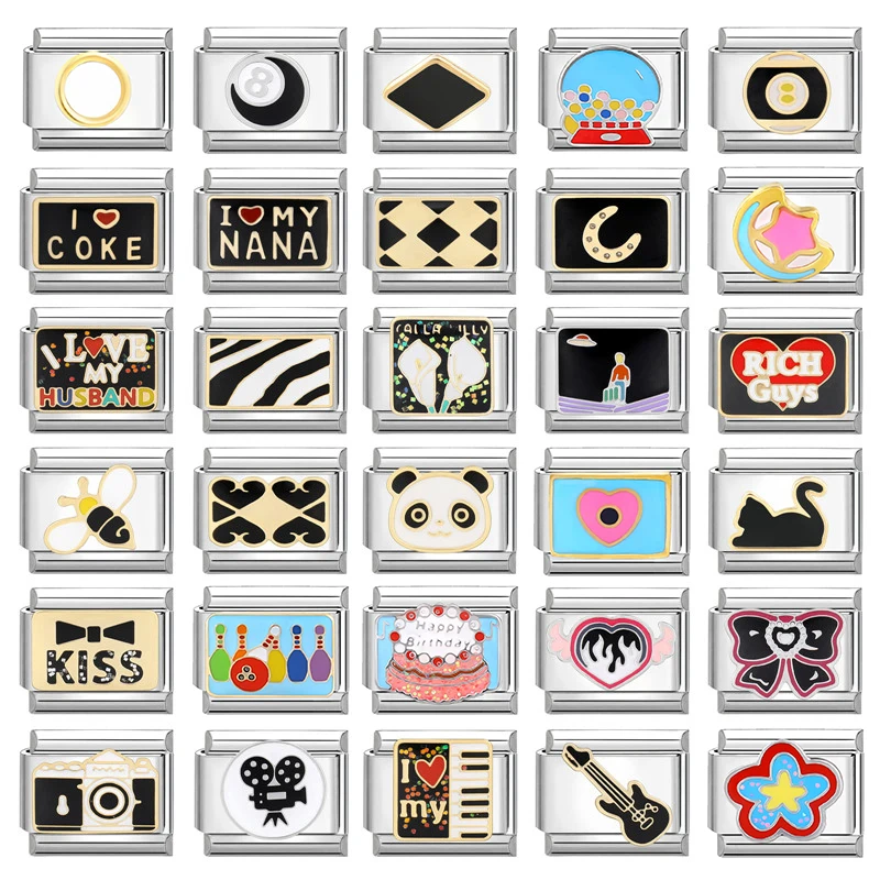 Bracelets à breloques italiens pour femmes, cœur noir, fleur, chat, guitare, adaptés aux bijoux en acier inoxydable de 9mm, 2024