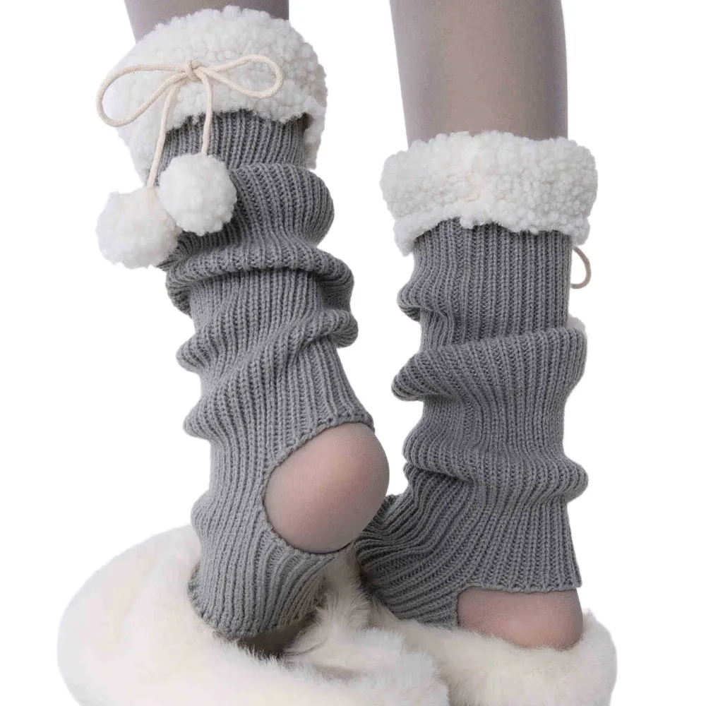 

New Solid Color Leg Warmers Thickened Harajuku Mid-Calf Sock Lamb Fleece Bow Pile Sock Autumn and Winter