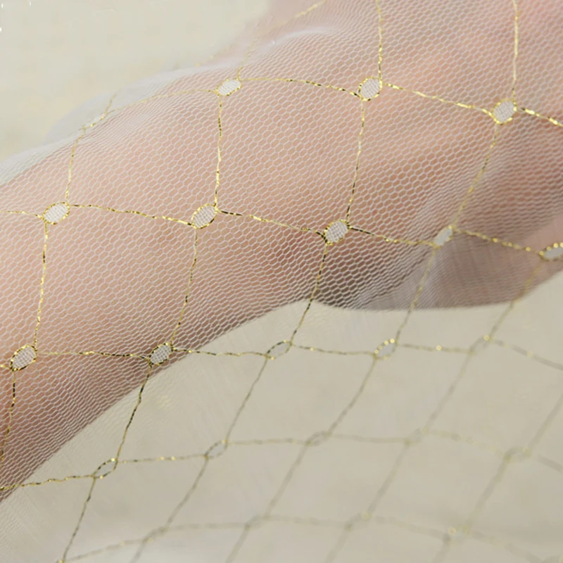 3Yards/lot Diamond Grid Gold Wire Jacquard Mesh Lace Fabric For Girls' Tulle Dress Wedding Garment Sewing Decorative Net Fabric