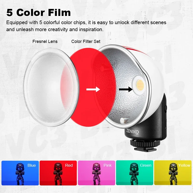 ZENIKO VC3 Bi Retro LED Video Light สําหรับกล้องตัวกรองสี Diffuser Creative ขนาดเล็ก LED Video Light Fresnel เลนส์โคมไฟ