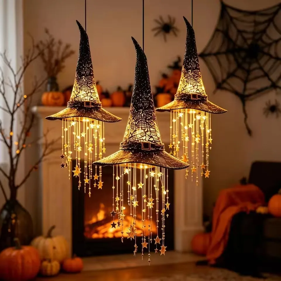Lighted Witch Hat Hanging Chime, Halloween Outdoor Ornament, Glowing Mesh Cascading Stars, Black Frame Decoration, Party Decor