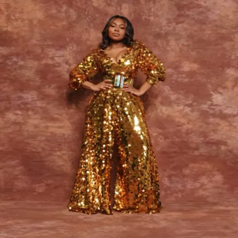 

Sparkling Gold Sequin Maxi Dress Women Outfit Female Clothing Fashion Pants Jacket Sequined V Neck Long Prom Gowns