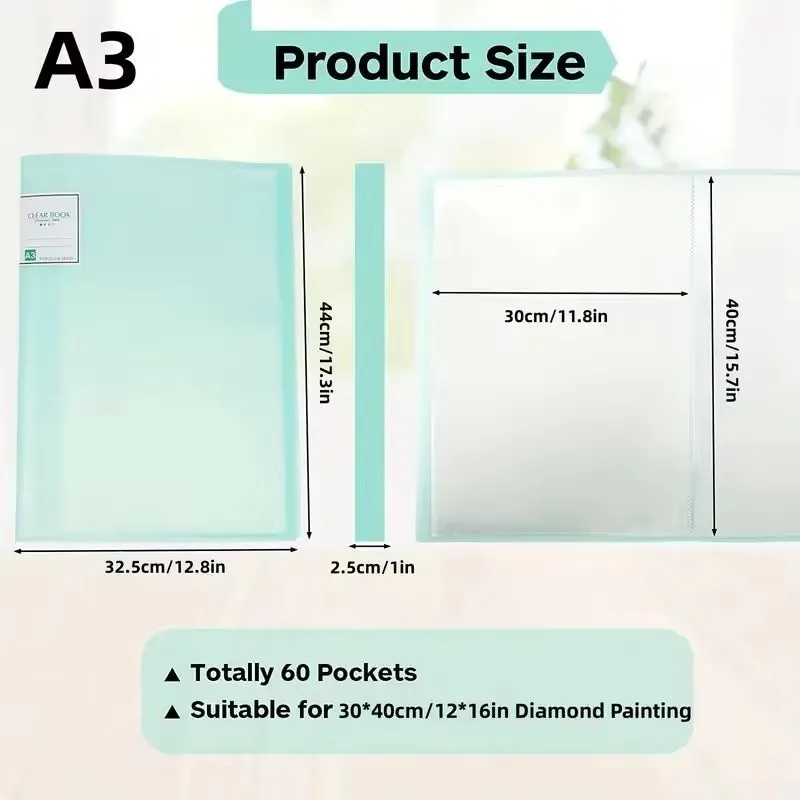Dispaint A3/A4 Diamond Painting Storage Book - Organizer with 30 Crystal Clear Pockets Securely Stores and Displays Your Artwork