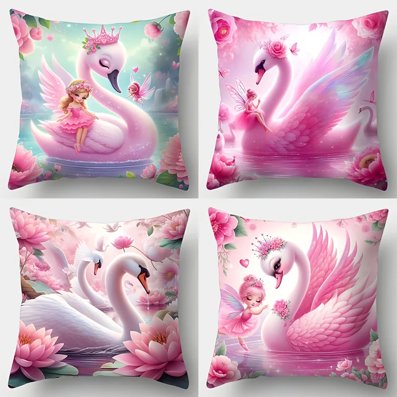 4pcs Pink Swan Fairy Print Pillow Covers, Featuring Pink Dreamy Floral Swan Pattern, Decorative Cushion Cases