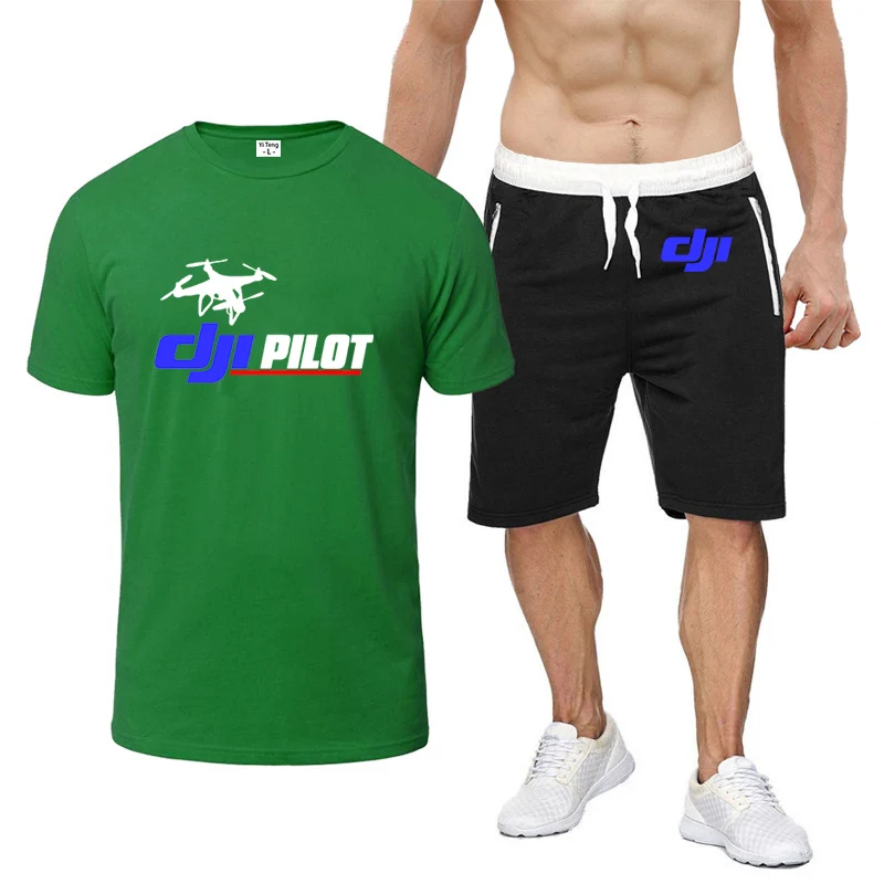 

2025 Summer Man's Dji Drone Pilot Logo Print Solid color Fashion Versatile T-shirt+Comfortable Breathable Short Pants Suits