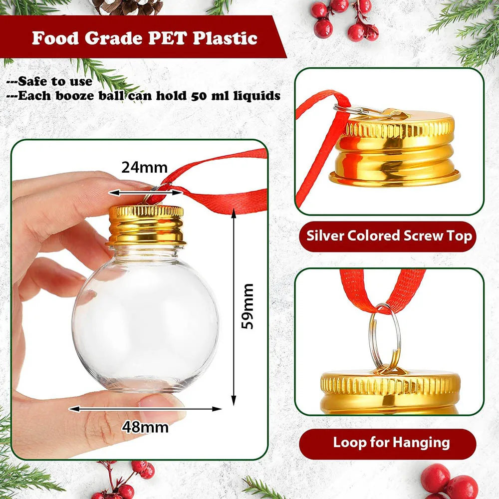 18Pc Christmas Drink Balls Clear Shot Glass Ornaments Xmas Tree Fillable Ornaments Plastic Xmas Water Bottle Bulbs Holiday Decor