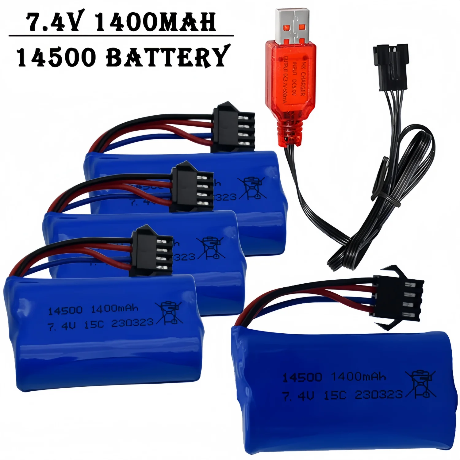 7.4V 1400mAh 14500 Li-on Battery W/ SM4P Connector & USB Charger for Water Gun RC Truck Boat Helicopter Toy Battery Accessories