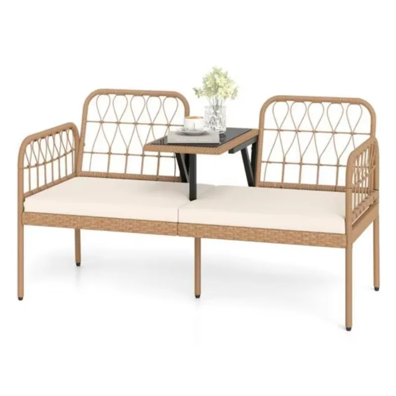 2-Seat outdoor PE rattan double sofa with tempered glass coffee table for patio and garden