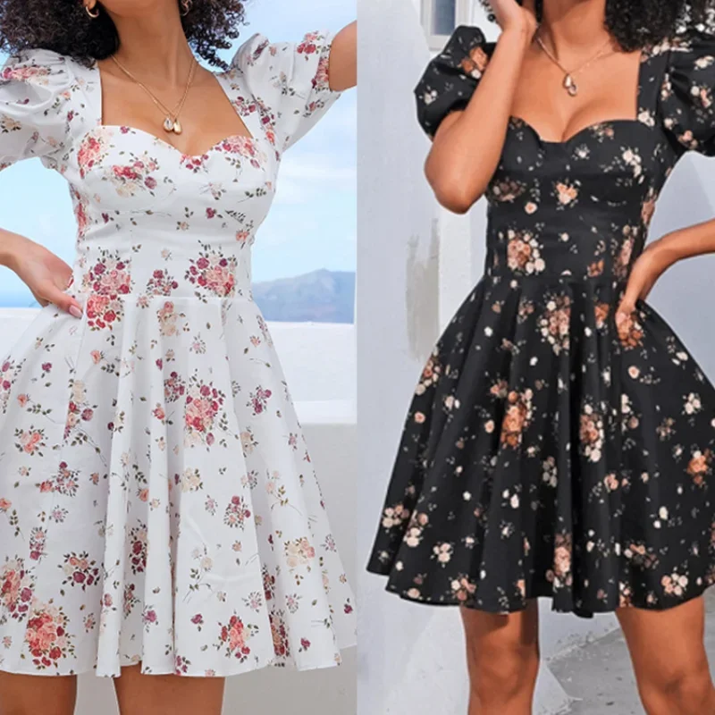 Floral print buttoned zipper mini sundress dress women's ruffled puff sleeve sexy off-the-shoulder elegant summer A-line dress