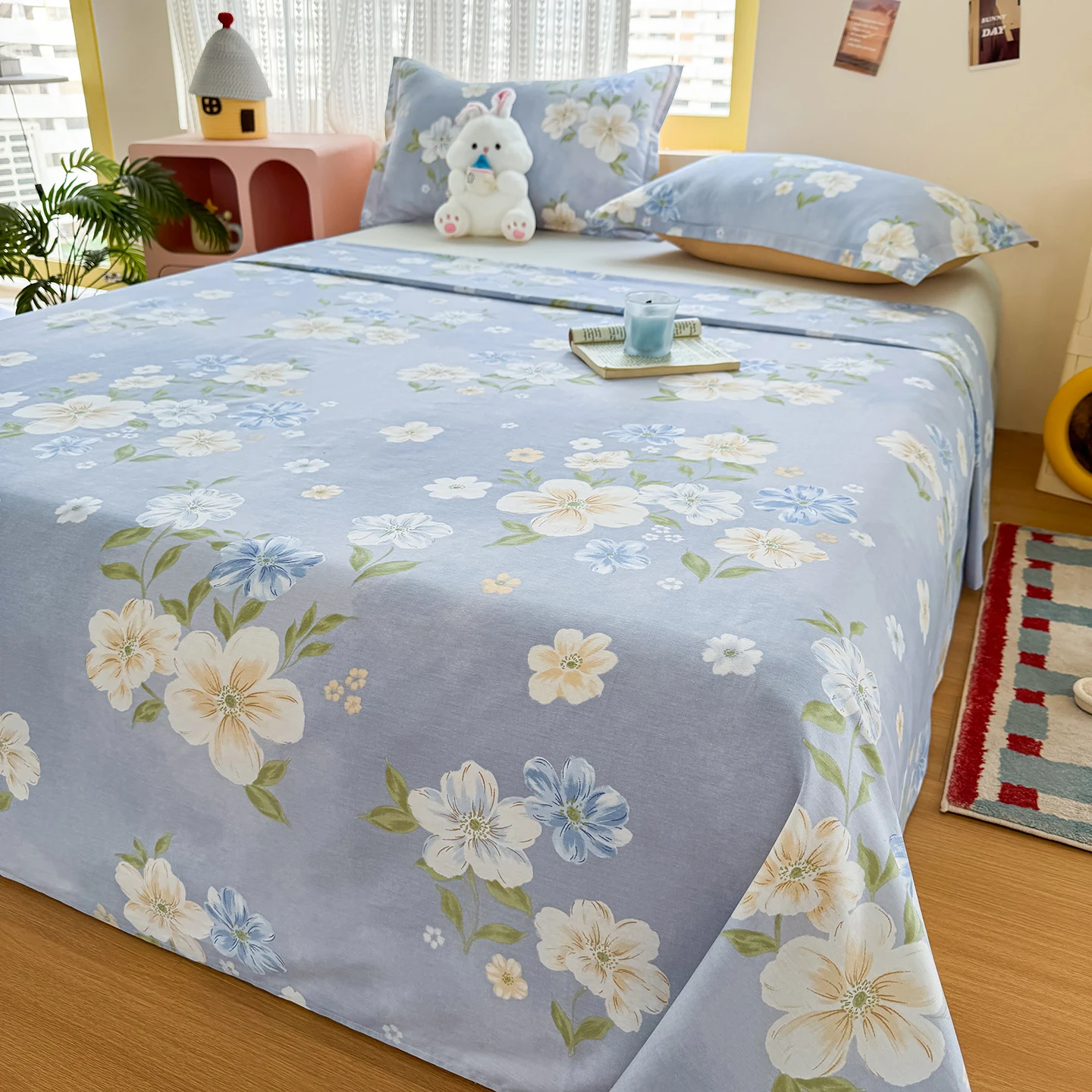 100% Cotton Blue Flower Printed Bed Linen Single/Queen/King Size Pure Cotton Flat Bed Sheets Fresh Style High Quality Top Sheets