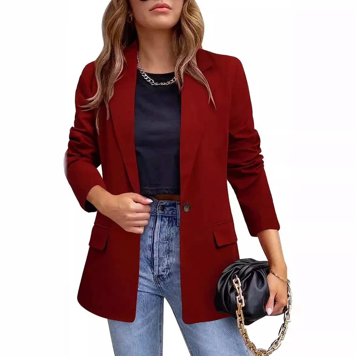 Dames slim fit pak Jaet Long Sve Pure Color Chinoiserie Sle halflange jas Ele Faionable Busin Casual