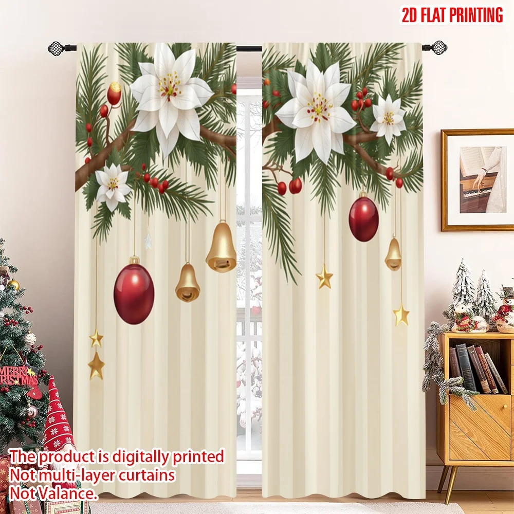 

2pcs 2D flat printing Merry Christmas Window Curtains Christmas Ornaments Poinsettia Garland Polyester Without Electricity