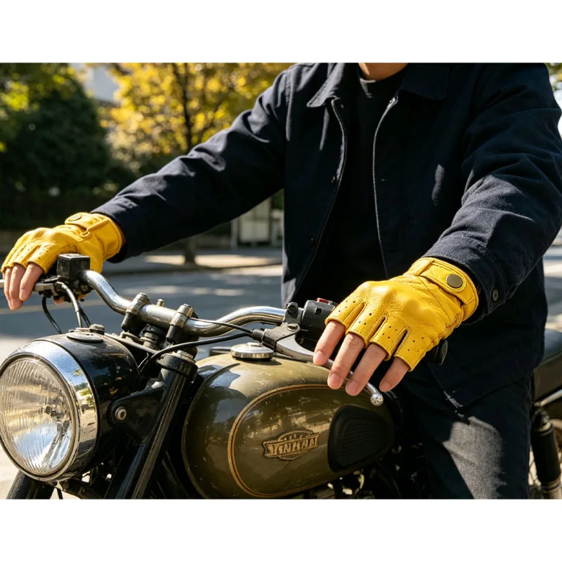 Classic Retro Biker Fingerless Gloves Full Grain Cowhide Leather Anti-drop Shock Absorbing Motorcycle Cycling Protective Glove
