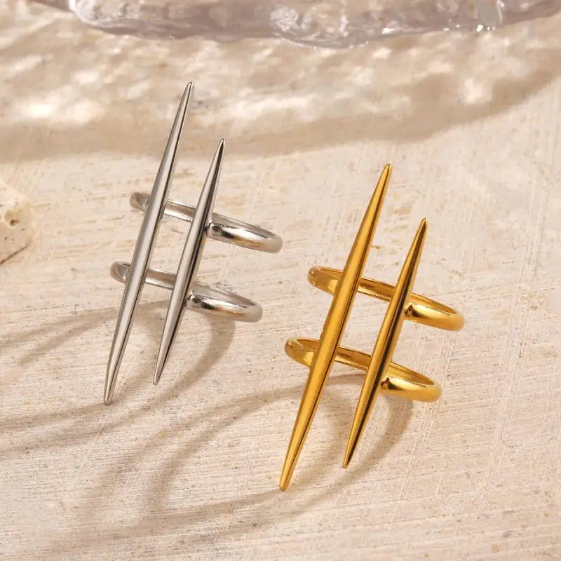 خاتم عتيق مطلي بالذهب عيار 18 قيراط من الفولاذ المقاوم للصدأ موازي بخط مزدوج مجوف ومفتوح النهاية للنساء مجوهرات يومية مضادة للحساسية