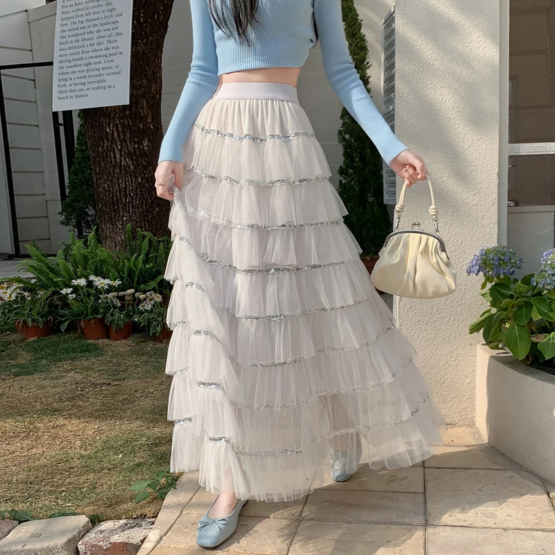 

Белая пышная юбка-миди из фатина с пайетками и вставками, женская, с завышенной талией, стройнящая, А-силуэт