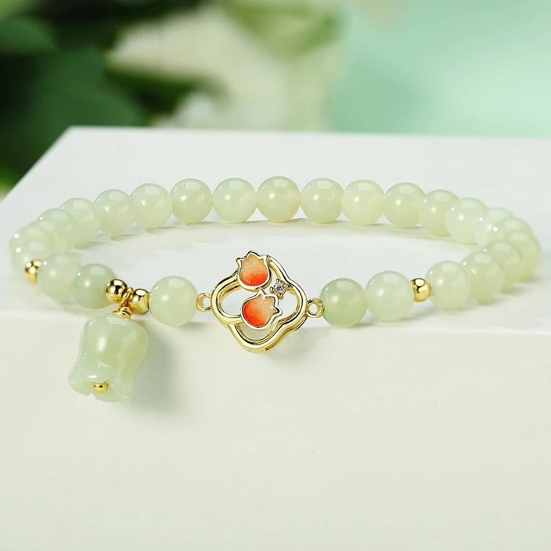 National Style Small Fresh Bell Orchid Bracelet Women's Sterling Silver Appointment Hotan Jade Bracelet Small Sweet Jewelry