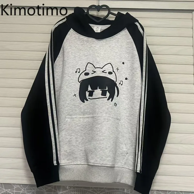 

Kimotimo Japanese Cute Anime Print Hoodie Women 2025 Autumn Round Neck Loose Hooded Sweatshirt Vintage Patchwork Long Sleeve Top