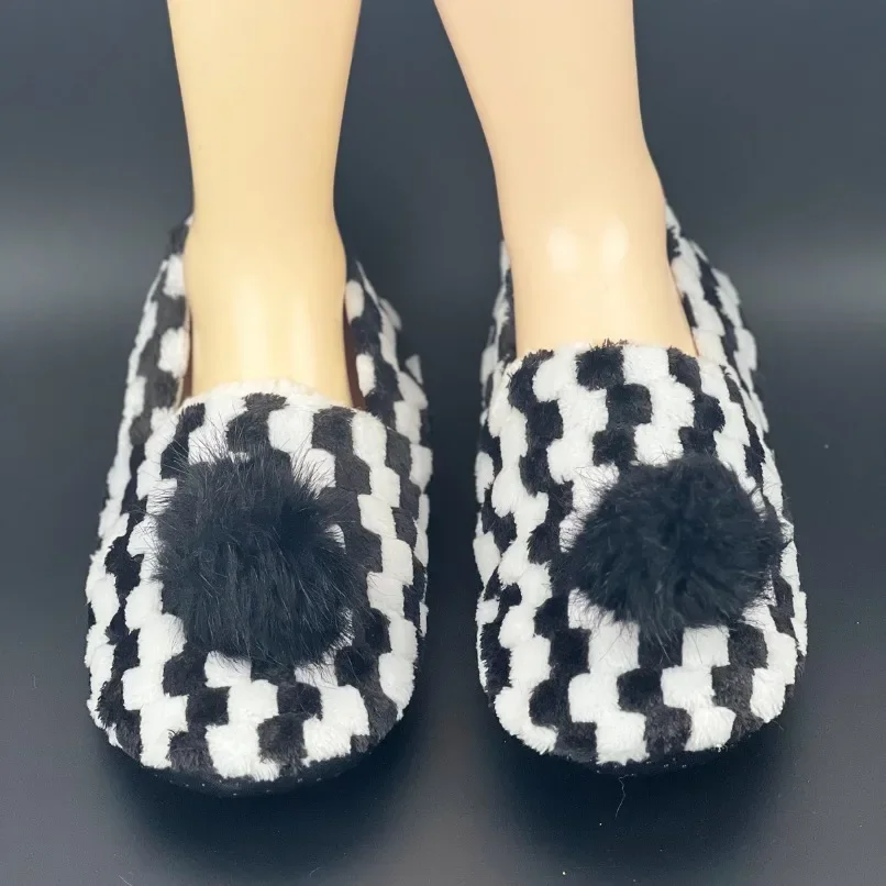 Plaid Fluffy Slipper Women Home Winter Fuzzy Fur Contton Warm Plush Non Slip Grip Indoor Lazy Female House Floor Shoe Room