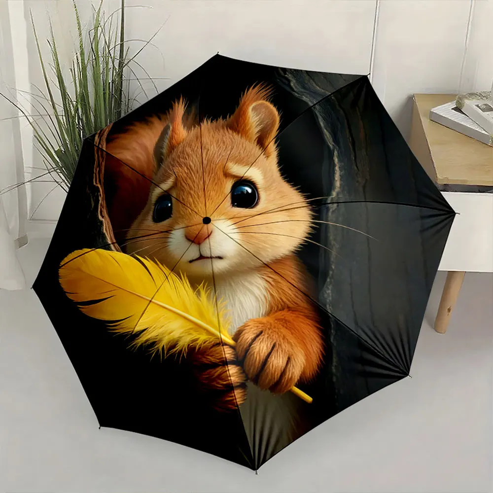 1PC Charming Squirrel with Feather on a Stylish Umbrella Print 8 Iron Ribs Folding Umbrella Auto-Open Fashion Sunshade