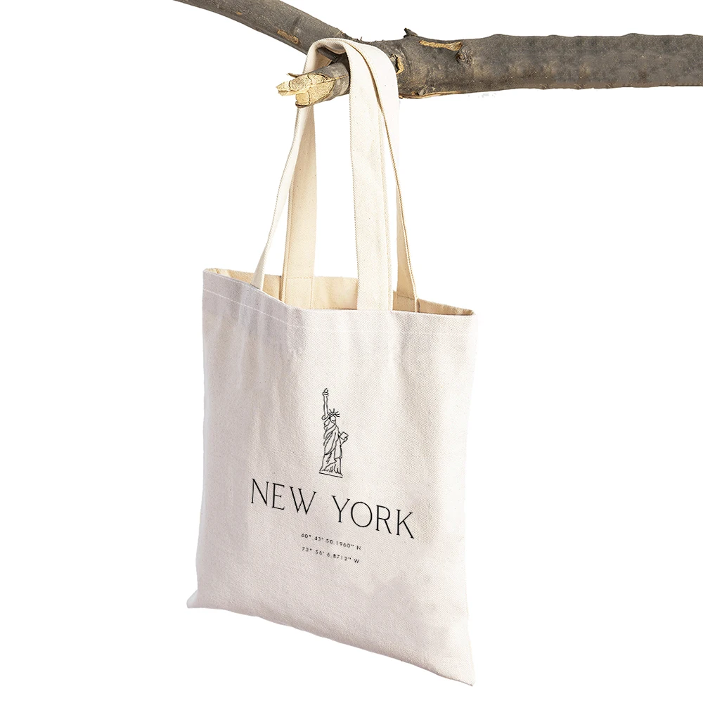 Abstract City Line London New York City Building Women Shopping Bags Double Print Casual Handbag Tote Linen Lady Shopper Bag