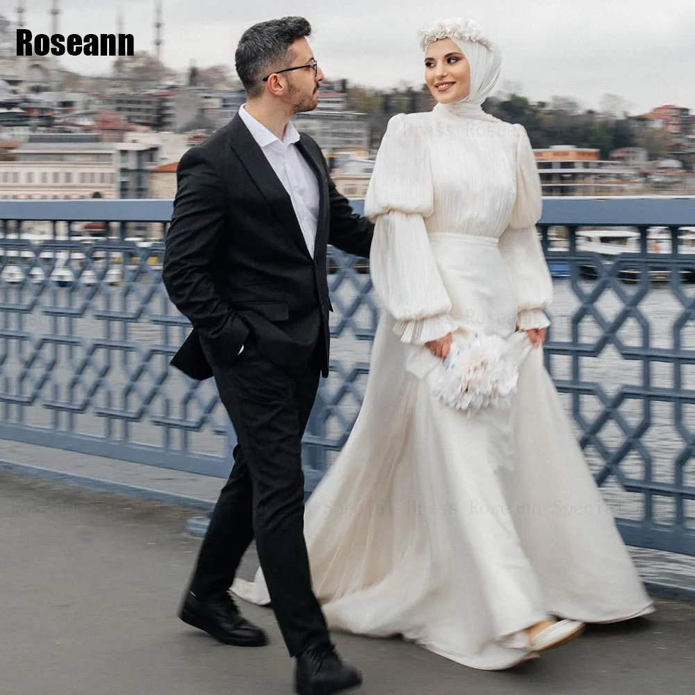 

Muslim Ivory A-line Wedding Dresses 2024 Layere Full Draped Pleat High Collar Brush Train Bride Gown Floor Length robe de mariée