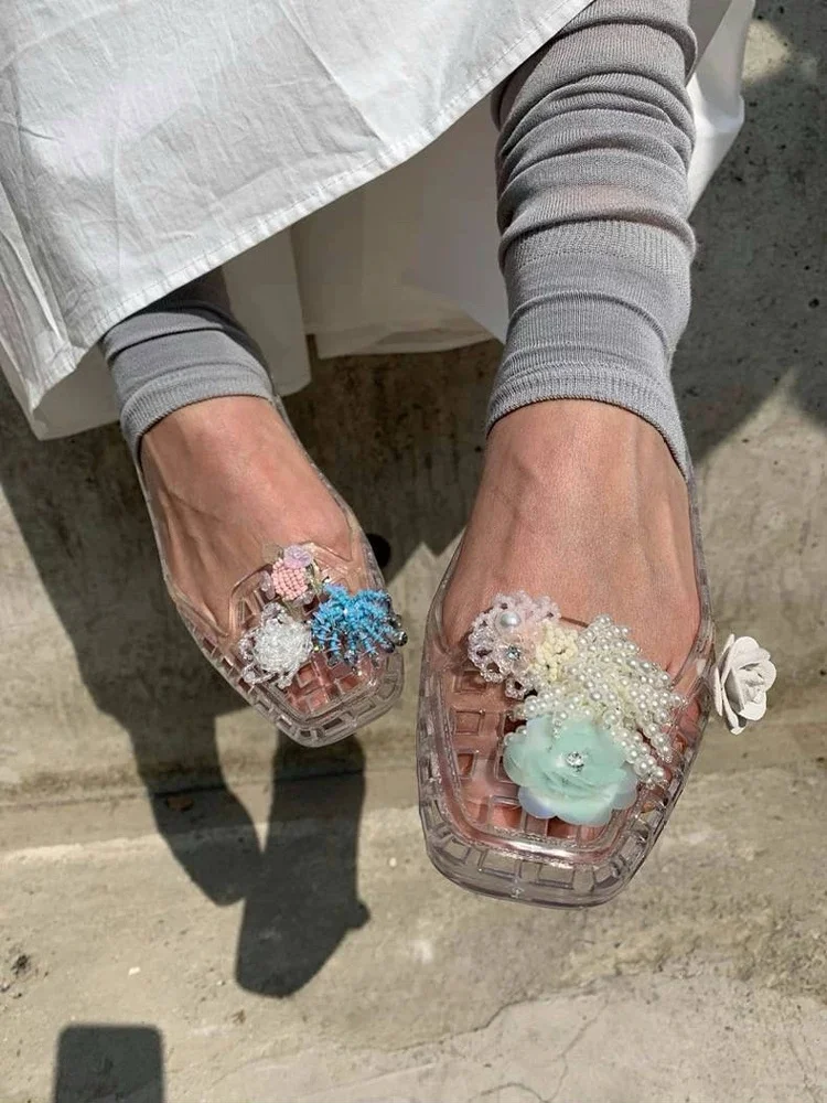 Handmade Flower Decoration DIY Sandals Fashion Casual Slip-on Transparent Jelly Shoes 2026 Colorful Beaded Hollow Out Beach Flat