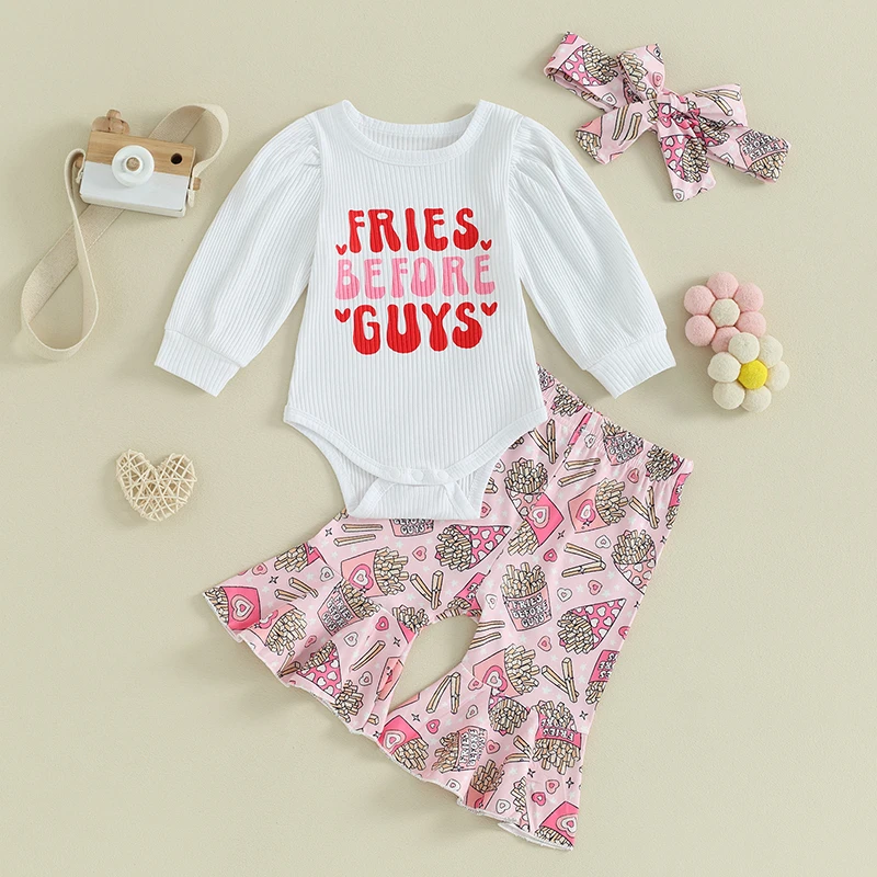 

2023-12-04 Lioraitiin Baby Girls Valentine's Day Outfits Letter Print Long Sleeve Rompers Heart Chips Flare Pants Headband Set