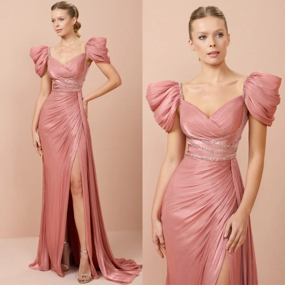 

Customized Elegant Satin Evening Dress High Quality Short Sleeves Homecoming Dresses Soft Court Train Special Occasion Gowns