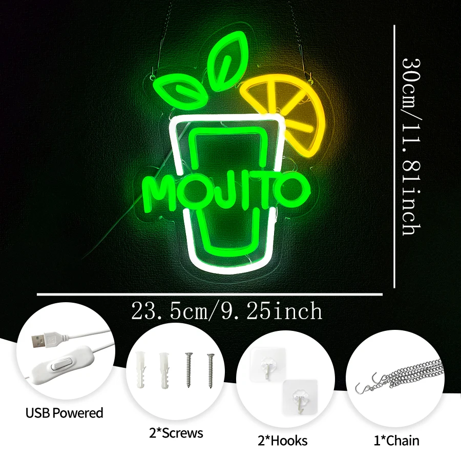 Mojito Led Neon Sign, Cocktail Glass Business Icon, Usb Powered, Beer Bar, Club, Restaurant, Man Cave, Holiday Party Decor.